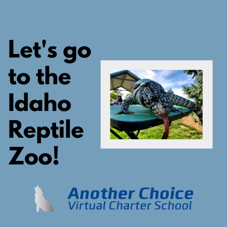 Let's go to the Idaho Reptile Zoo; Photo of Komodo dragon with Another Choice Virtual Charter School logo
